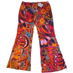 LESLEY EVERS Shakalaka Print Pants Womens 2X Groovy Retro Flare Boho Stretch NEW